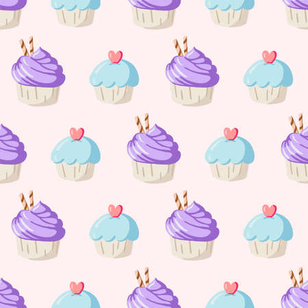 Vector Cute Pastel Blue Purple Cupcakes Hand drawn seamless patternのイラスト素材