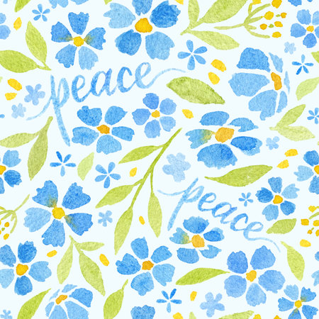 Watercolour hand drawn Floral with Peace Seamless Patternの写真素材