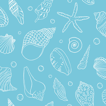 hand drawn Seashells line art seamless vector patternのイラスト素材