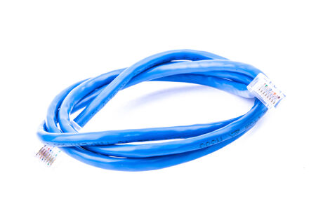 the blue internet network wire with plugs attached on both end