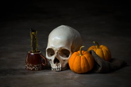 still life halloween human skull with yellow pumkin and candleの写真素材