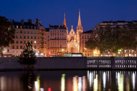the church of saint nizier illuminated during the blue hourのeditorial素材