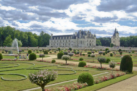 the gardens in front of the chateau of chenonceau, in the Loire Valleyのeditorial素材