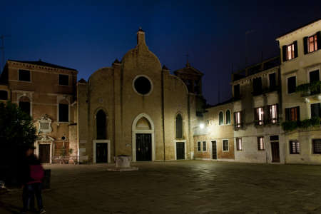 night view of a campo on the main island of veniceの写真素材