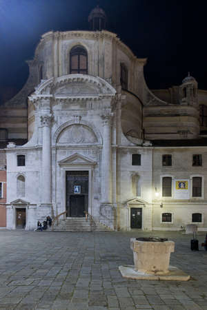 Night view of the Church of San Geremia and Santa Lucia, in Cannaregio, on the main island of Veniceの写真素材