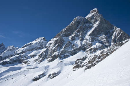 the peak of the Matterhorn seen from the valley of Cervinia in Val d'Aostaの写真素材