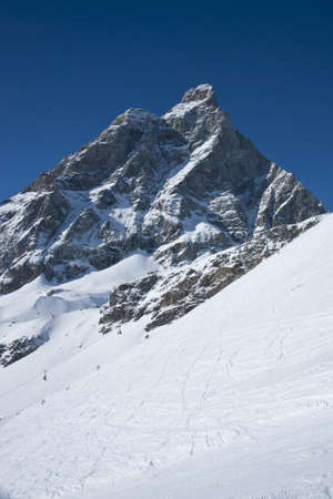 the peak of the Matterhorn seen from the valley of Cervinia in Val d'Aostaの写真素材