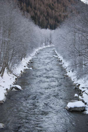 river in val di vizze in alto adige, surrounded by frosty treesの写真素材