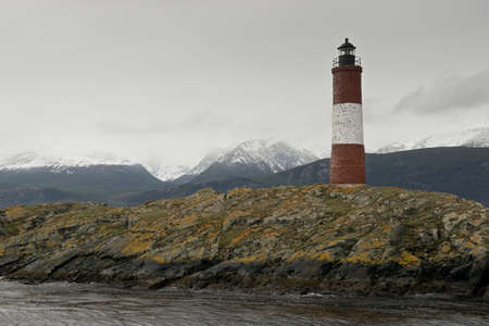 Lighthouse Les Eclaireurs on an islet in the Beagle Channel, near Ushuaia in the Tierra del Fuegoの写真素材