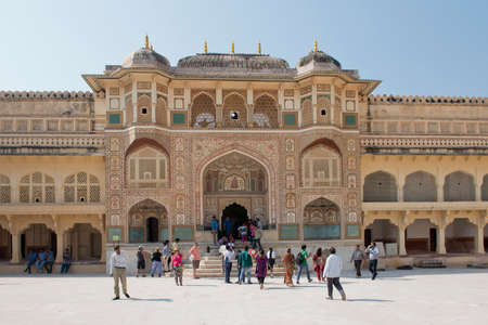 AMBER, INDIA - 20 OCTOBER 2013 - Ganesha gate, main entrance at the Amber Fort, magnificent fortified palace  near Jaipur, Rajasthan, India  This maharajah residence situated upon Maota  Lake became in 2013 Unesco world heritage site のeditorial素材