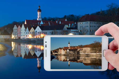 Day picture during nighttime in  the medieval town of Landsberg am Lech in Bavaria, situated on the Romantische Strasse の写真素材