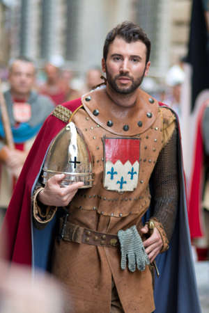 GENOA, ITALY - 8 JUNE  2014 - Unidentified man masked during the historical parade of the Maritime Republics Palioのeditorial素材