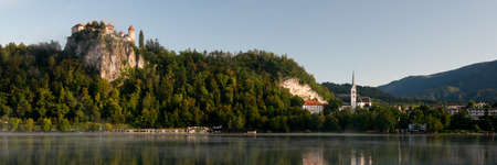 The castle and the church of Bled, situated on the Bled Lake, icon of the Slovenia.のeditorial素材
