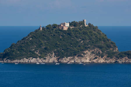 Panoramic view in Alassio. Looking at the isola gallinara in Liguria.の写真素材