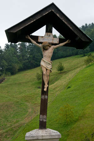 Wood crucifix outdoor, near Skofja Loka in Slovenia,の写真素材