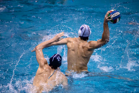 Throw and game action in a swimming pool, during a waterpolo match