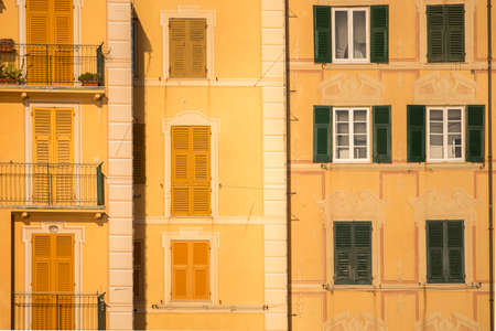 The colorful facades of the houses of the village of Camogli in Liguria.のeditorial素材