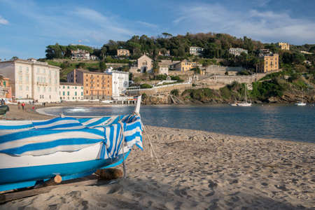 Fishing boat on the Baia del Silenzio in Sestri Levante, Liguriaのeditorial素材