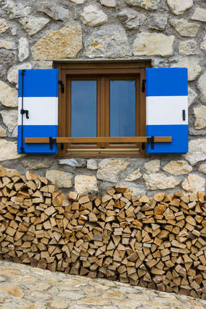 Window of the Roda de Vael Refuge at KarerPass in the Dolomitesの写真素材
