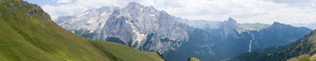 View from the trail Viel dal Pan over the glacier of the Marmolada in the Dolomitesの写真素材