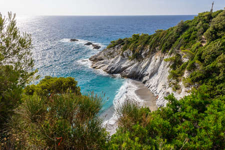 View over the beach of Bergeggi, in the Ligurian Rivieraの写真素材