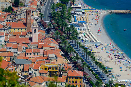 View over the ligurian village of Noli on the Mediterranean Seaの写真素材