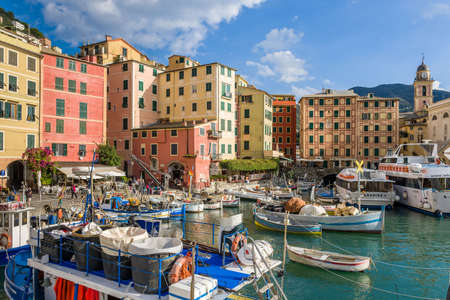 The port of Camogli with its colorful house in the ligurian rivieraのeditorial素材