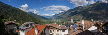 The Vinschgau valley seen from the roofs of the village of Tarres.の写真素材