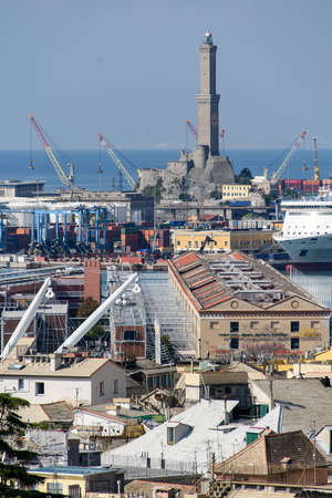 View over the old port and the Lantern, lighthouse symbol of Genoaのeditorial素材