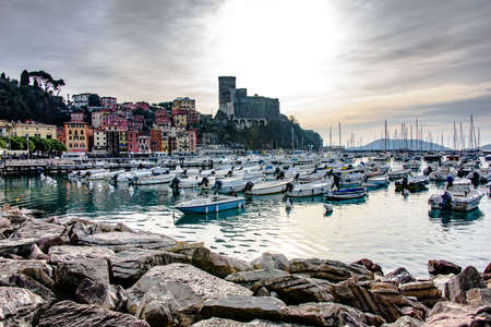 View from the coast of the village of Lerici with its castle