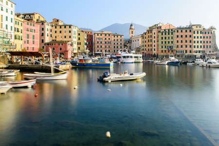 View over the fisherman village of Camogli in the Italian Rivieraの写真素材