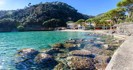 The sandy beach of Paraggi in the Natural Park of Portofinoの写真素材