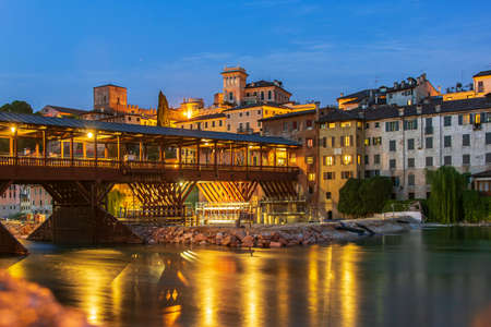 Nightview over the village of Bassano del Grappa, famous for its bridgeの写真素材