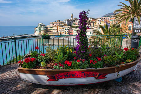 Colorful houses in the fisherman village of Bogliasco on the Italian Rivieraの写真素材