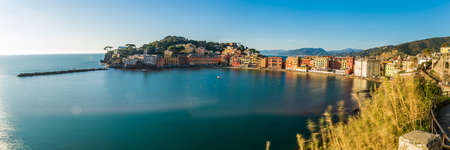 View over the beach of Baia del Silenzio, in the fishing village of Sestri Levante, in the italian Rivieraの写真素材