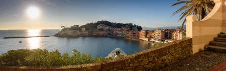 View over the beach of Baia del Silenzio, in the fishing village of Sestri Levante, in the italian...
