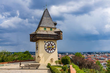 The Uhrturm at the top of Schlossberg, symbol of Graz, in Styria, Austria