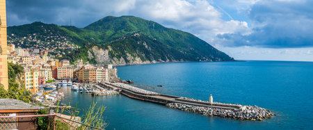 The colorful houses of the marine village of Camogli on the italian Riviera near Portofinoの写真素材