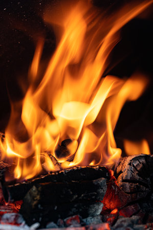 Red, orange and yellow flames from firewood in a ovenの写真素材