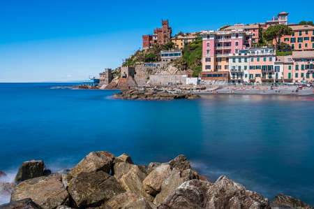 Beach, cliff and fishing village of Vernazzola near the center of Genoa, on the italian Rivieraの写真素材