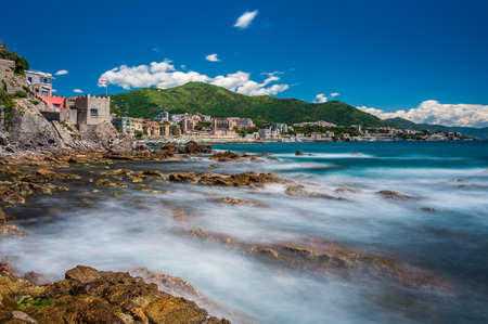 Beach, cliff and fishing village of Vernazzola near the center of Genoa, on the italian Riviera
