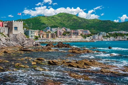 Beach, cliff and fishing village of Vernazzola near the center of Genoa, on the italian Rivieraの写真素材