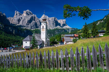 Parish Church in the mountain village of Calfusch, in Val Badia, in the heart of the Dolomitesの写真素材