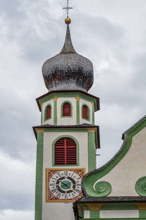 church in the mountain village of San Cassiano, Val Badia, in the heart of Dolomitesの写真素材
