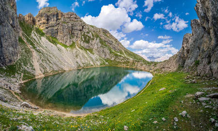 The alpine Lake of Boe, near Corvara, in the Dolomites of Val Badiaの写真素材