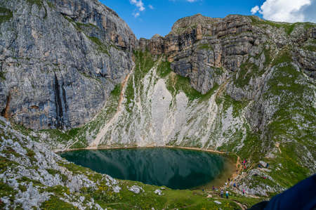 the alpine Lake of Boe, near Corvara, in the Dolomites of Val Badiaの写真素材