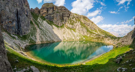 The alpine Lake of Boe, near Corvara, in the Dolomites of Val Badiaの写真素材