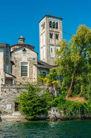 San Giulio Island is an island within Lake Orta in Piedmont with a benedictine Monasteryの写真素材