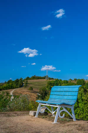 Light Blue Big Bench in San Michele di Mondovi, little village in Piedmontの写真素材