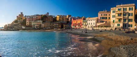 The beach and the fisher village of Vernazzola, not far from the center of Genoa, Italyの写真素材